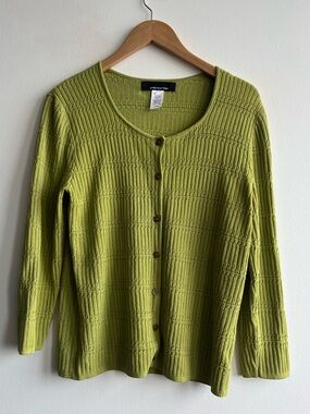Jones New York y2k Green Ribbed Cardigan Button Front Lightweight Knit Sz Large